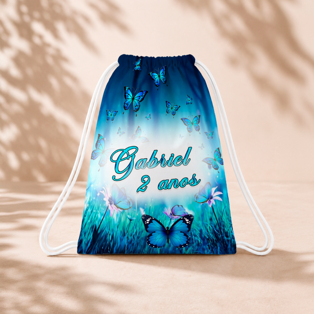 10 Mochila Personalizada Infantil 18x26 Sacolinhas Surpresa Festa Aniversário Lembrancinha Borboleta Azul Jardim M3