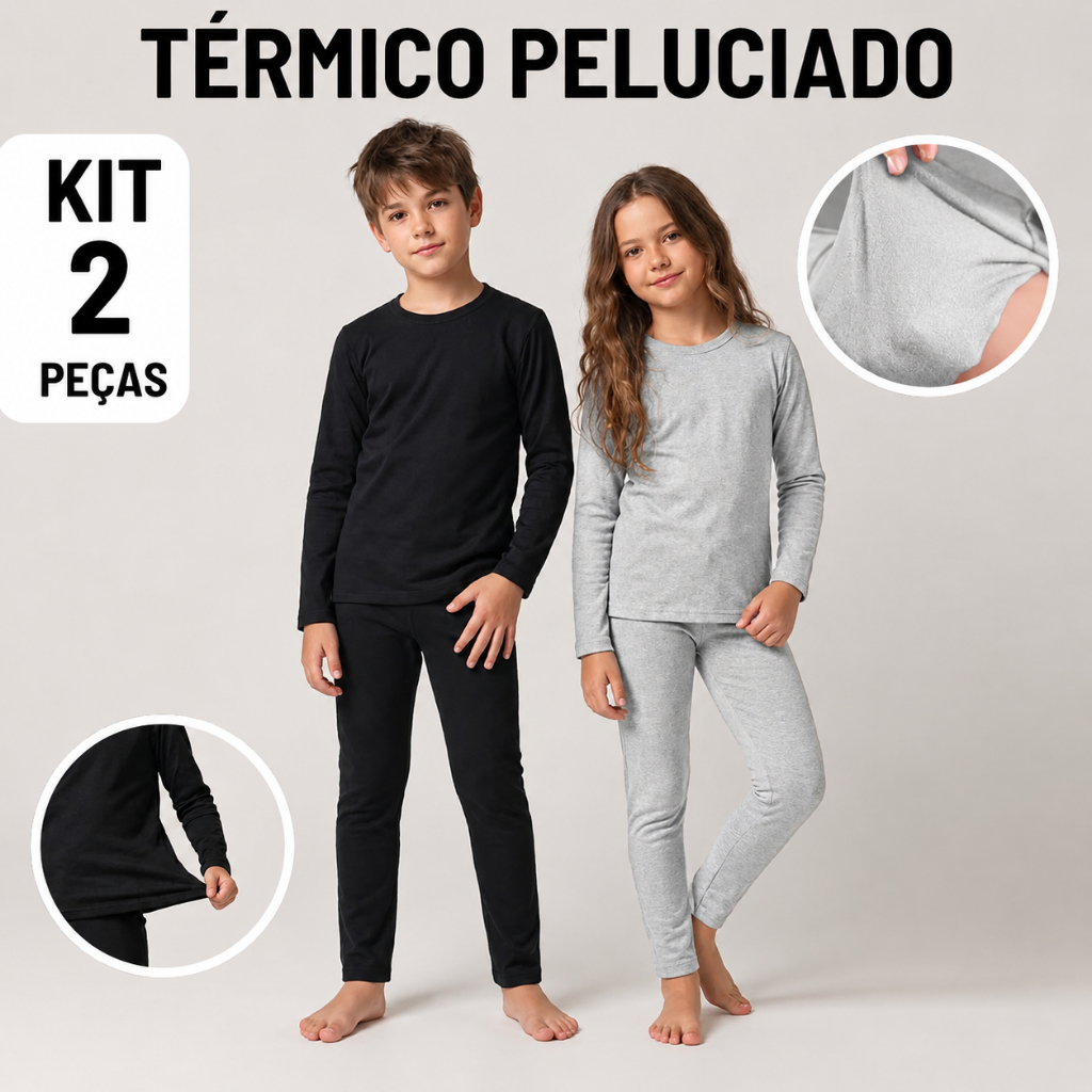 Conjunto Pijama Térmico Peluciado Infantil Juvenil Menina Menino Unissex Segunda Pele Flanelado Quente Confortável