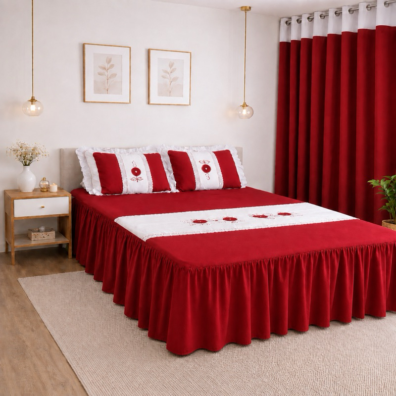 Colcha Casal com Cortina Bordado Kit Completo de Oxford