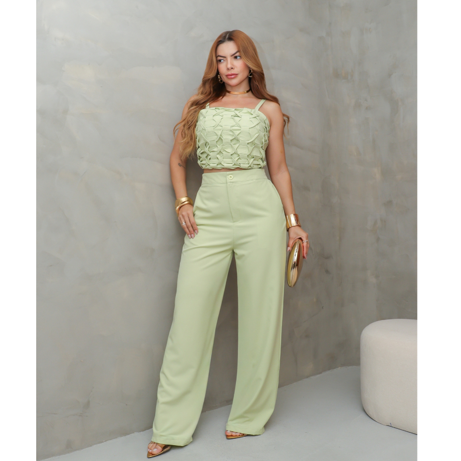 Conjunto Feminino Cropped Alça Trançado e Calça Pantalona Cintura Alta Elegante Verão SD4045