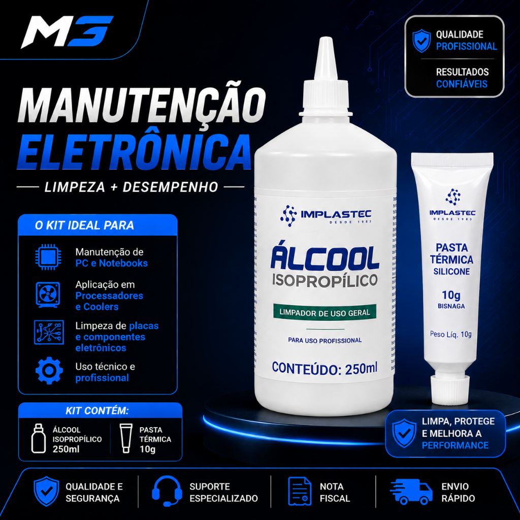 Kit Álcool Isopropílico 250ml + Pasta Térmica 10g Implastec PC Notebook Eletrônicos