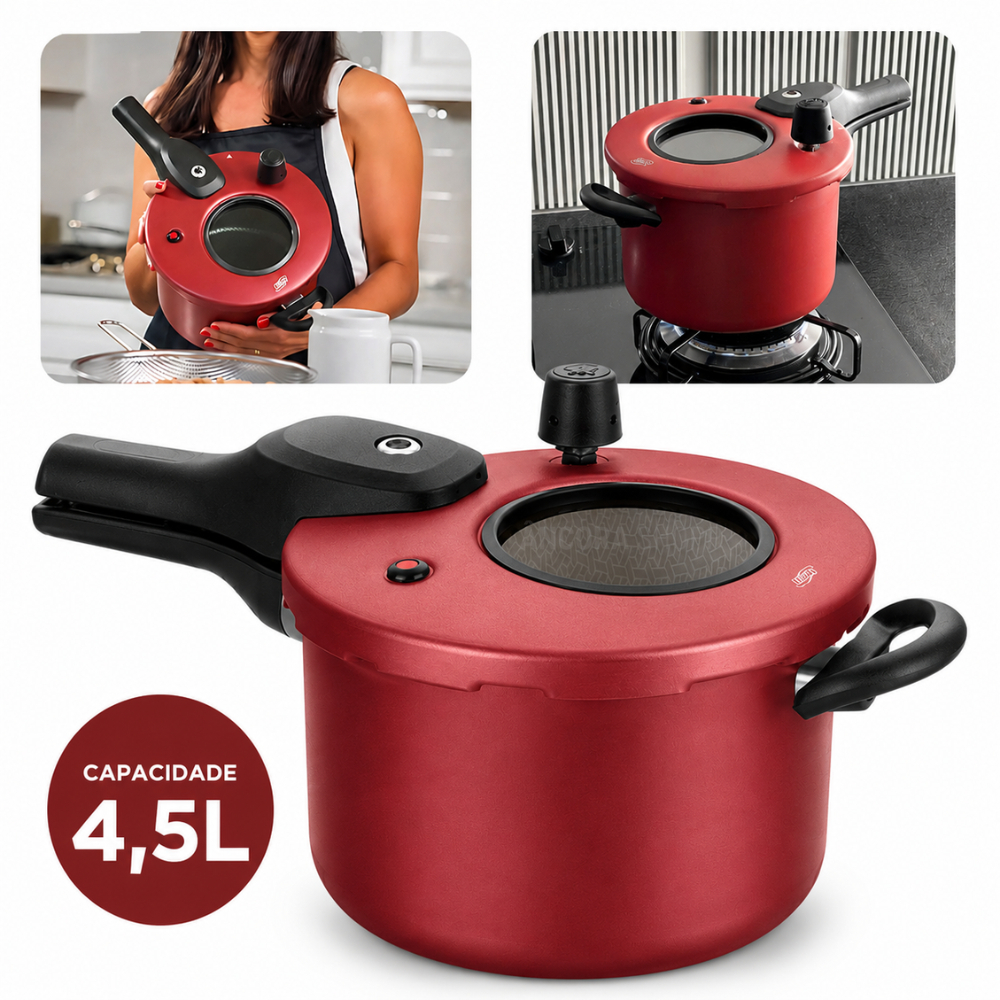 Panela de Pressão 4,5L com Visor de Vidro Antiaderente Fechamento Externo Vermel