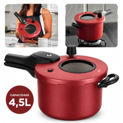 Panela de Pressão 4,5L com Visor de Vidro Antiaderente Fechamento Externo Vermelho Cereja MTA