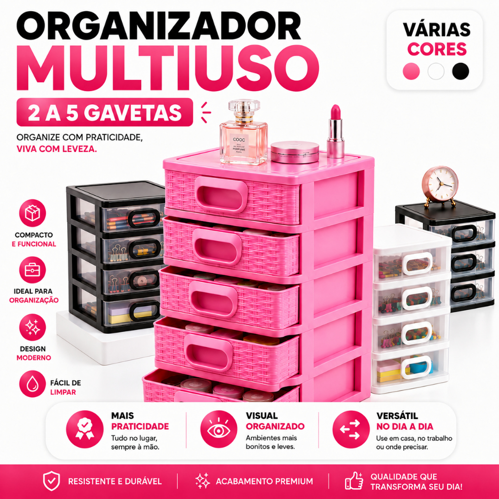 Super Porta Tudo 3 Gaveta Organizador para Escritório, Joias e Material de Costura