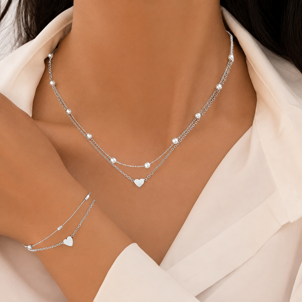 Colar Corrente Conjunto Duplo com Pulseira Feminino Pingente Corações e Pérolas Liga de Aço Delicado