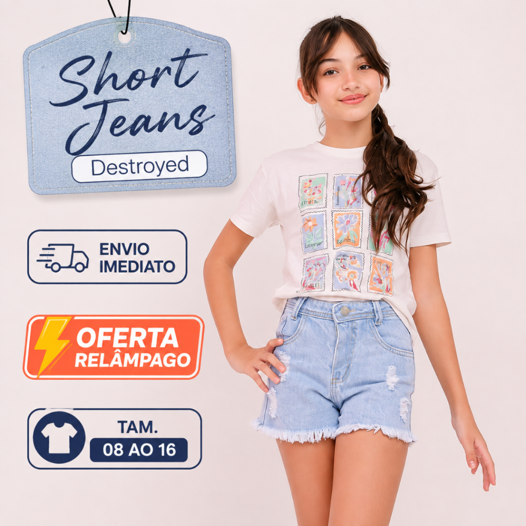 Short Jeans Infantil Menina Destroyed Desfiado Juvenil 08 ao 16
