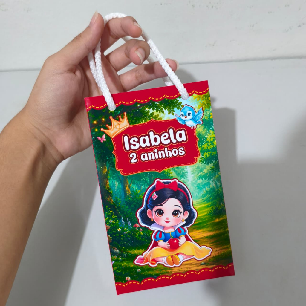 (DESMONTADA) Sacolinha surpresa personalizada Branca de Neve Baby Cute Bebê 15X9X4, bolsinha, lembrancinha, aniversário