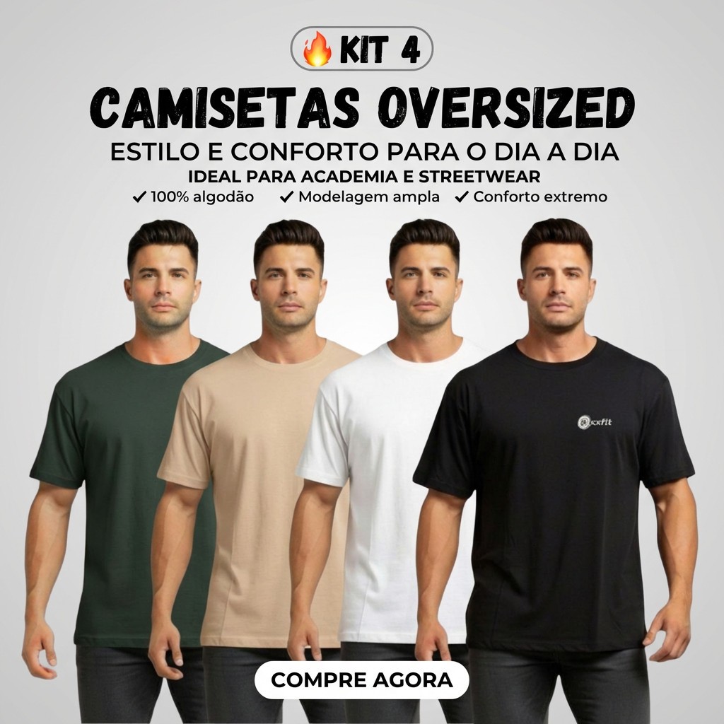Kit 4 Camisetas Oversized Estampa Na Frente Streetwear Básica Algodão Masculina Lisa Academia