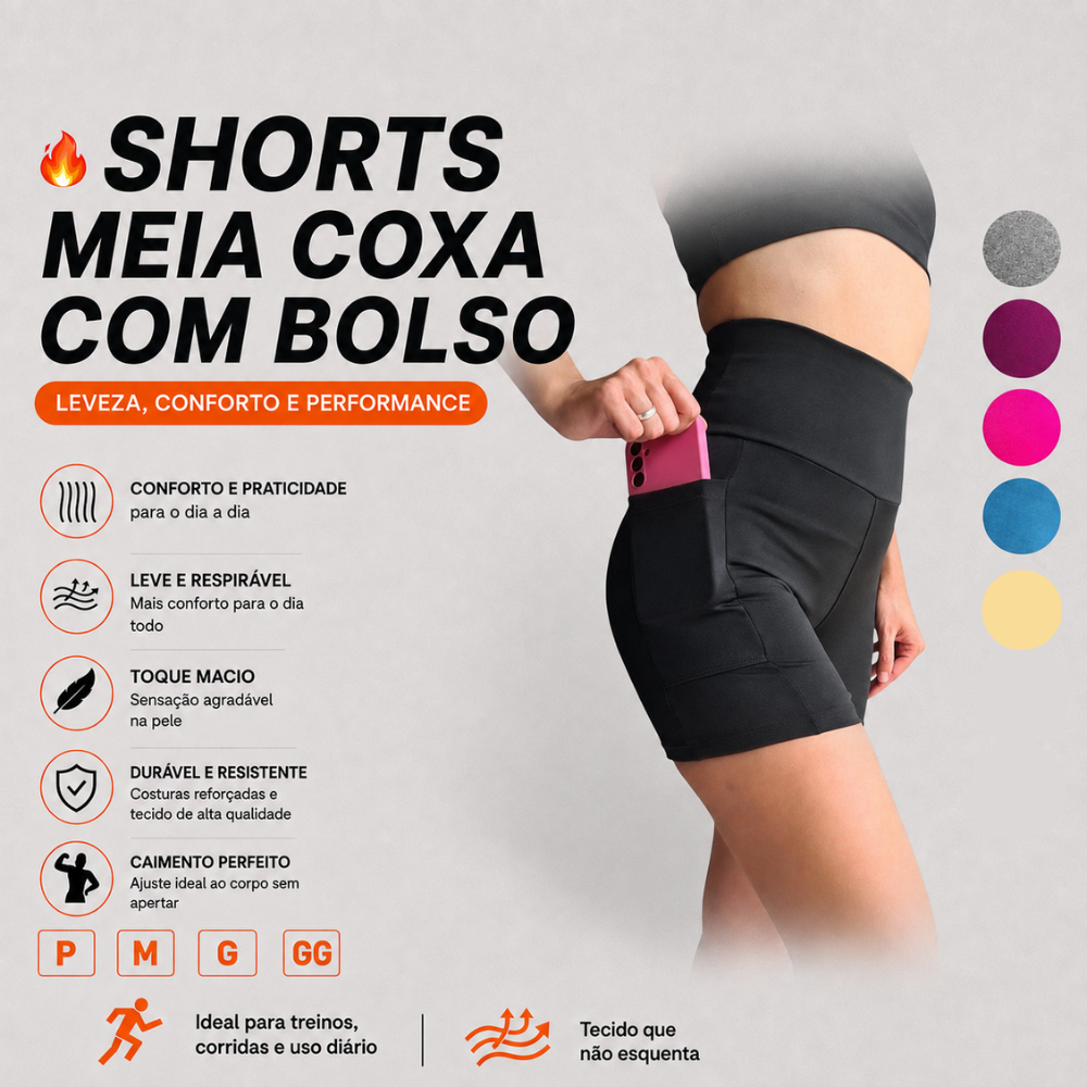 Short Academia Meia Coxa com Bolso Lisa e Estampado Legging Feminina Suplex Fitness Cós Alto