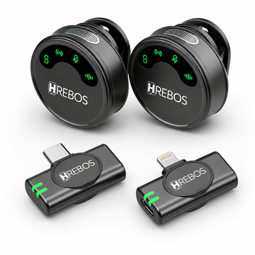 Microfone de Lapela Duplo Sem Fio Redondo Anti Ruído Profissional USB-C, Lightning iPhone Android Podcast Vídeo