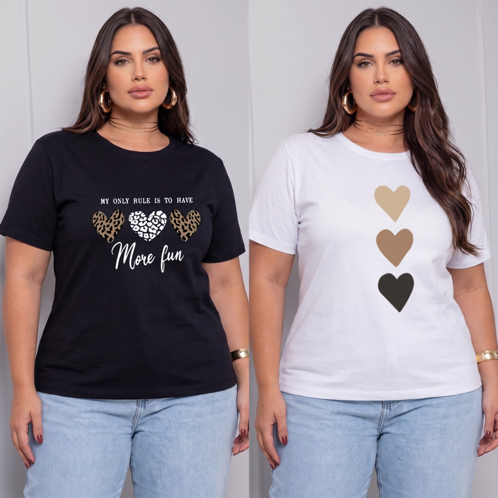 Kit 2 Camisas Feminina Estilosa Plus Size Blusa T shirt Estampada - 100% Algodão