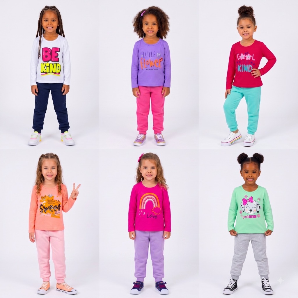 Conjunto Infantil Feminino Inverno com Camiseta Manga Menina e Calça Moletom Lisa com Punho Flanelada em Algodão