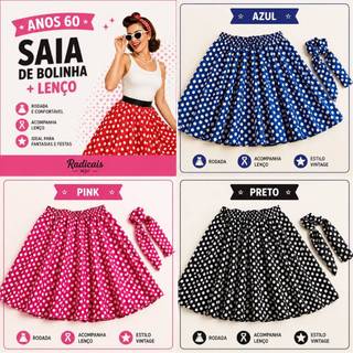 Kit Saia Anos 60 Com Lenço de Bolinhas Moda Feminina Adulto Retro Godê Rodada Poá Festa Fantasia