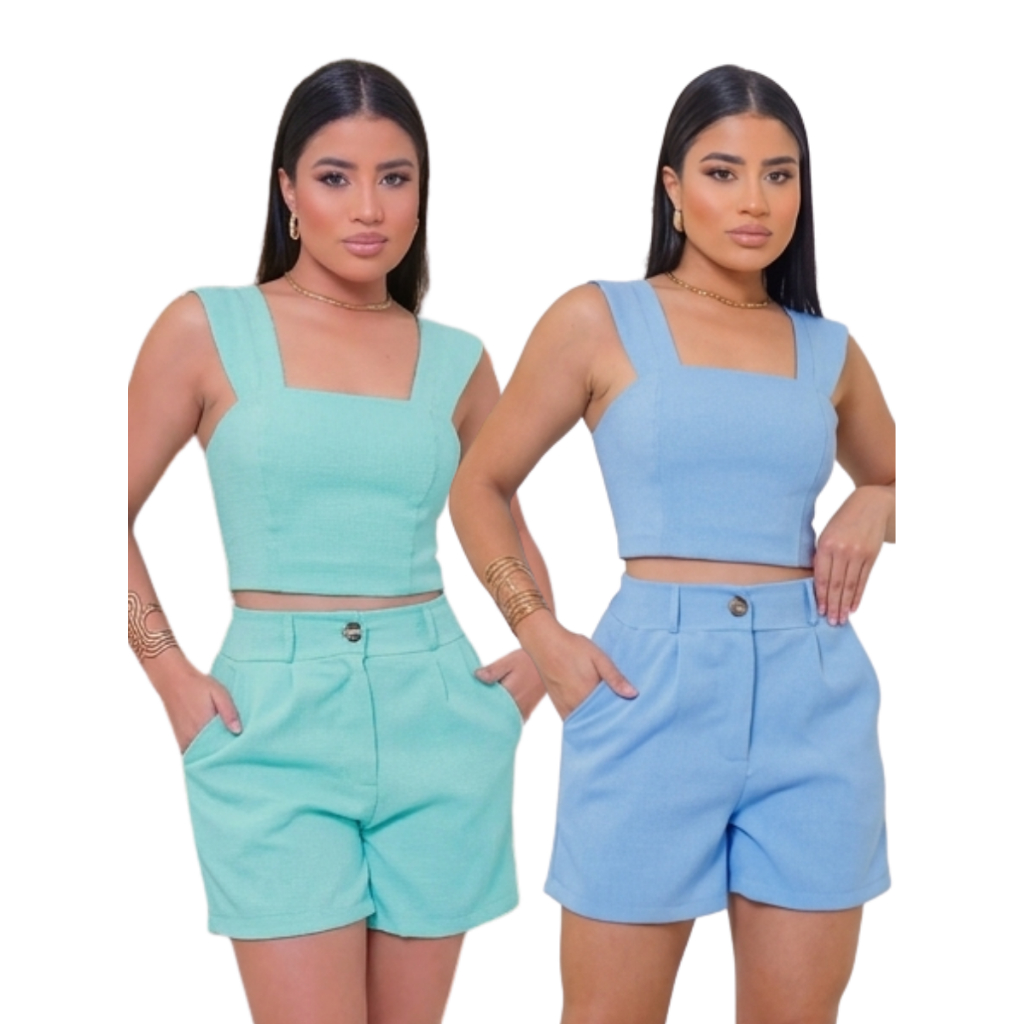 Conjunto Feminino Short E Cropped Elegante Casual Alfaiataria
