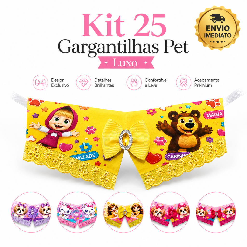 Kit 25 Gargantilhas Pet Luxo — Colarinho para Banho e Tosa o Laçinho da Cabeça do Pet é Ilustrativo não Acompanha