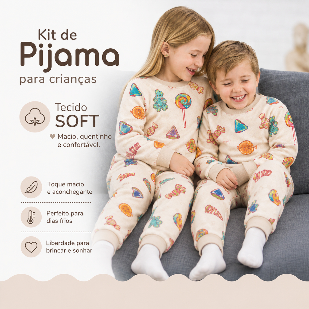 Kit 3 Pijamas soft completos conjunto Infantil Menino e Menina 6 Peças Quentinho Confortável Envio Sortido Infantil