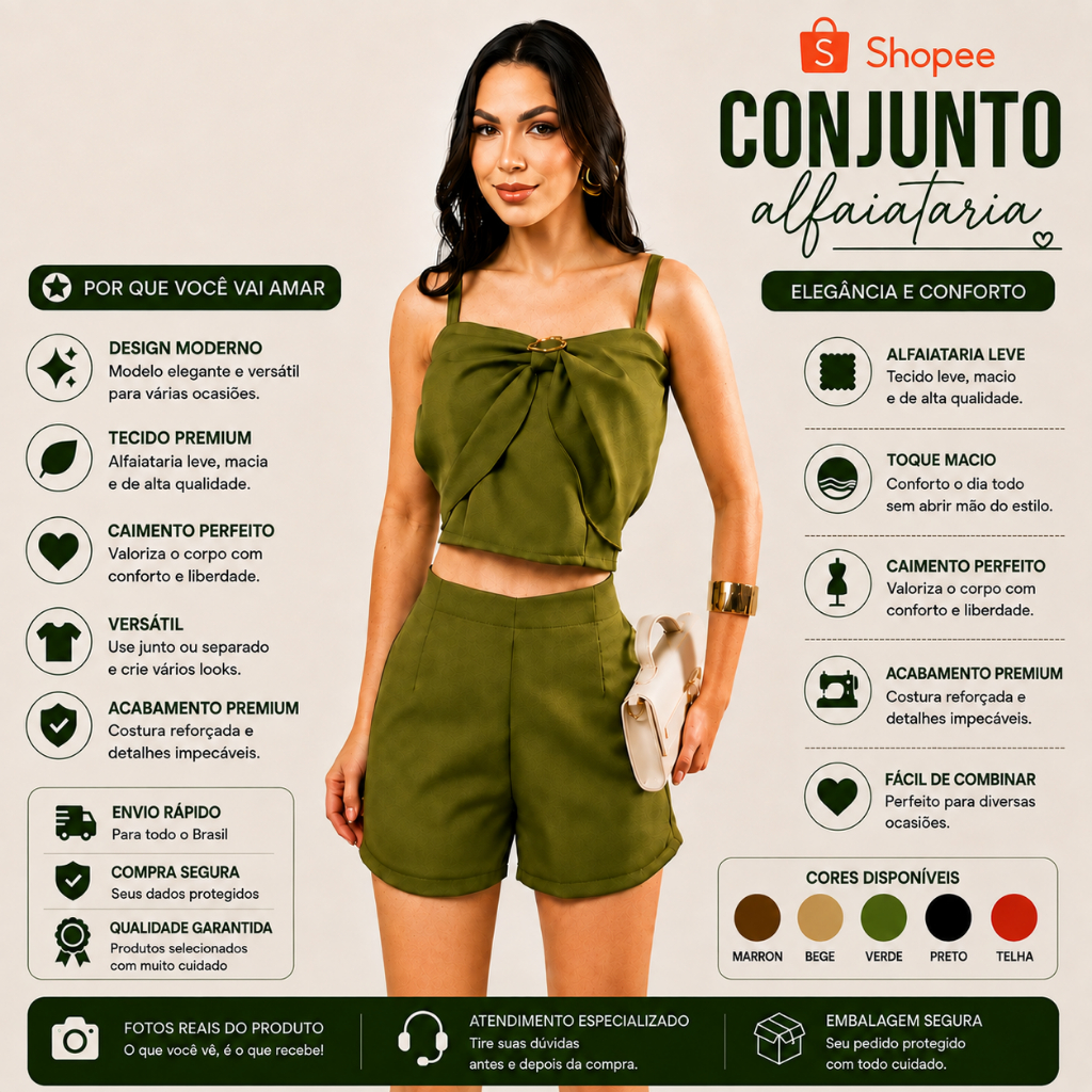 Conjunto Feminino Conjunto Alfaiataria Conjunto Cropped e Short Conjunto Verão Feminino Conjunto Elegante