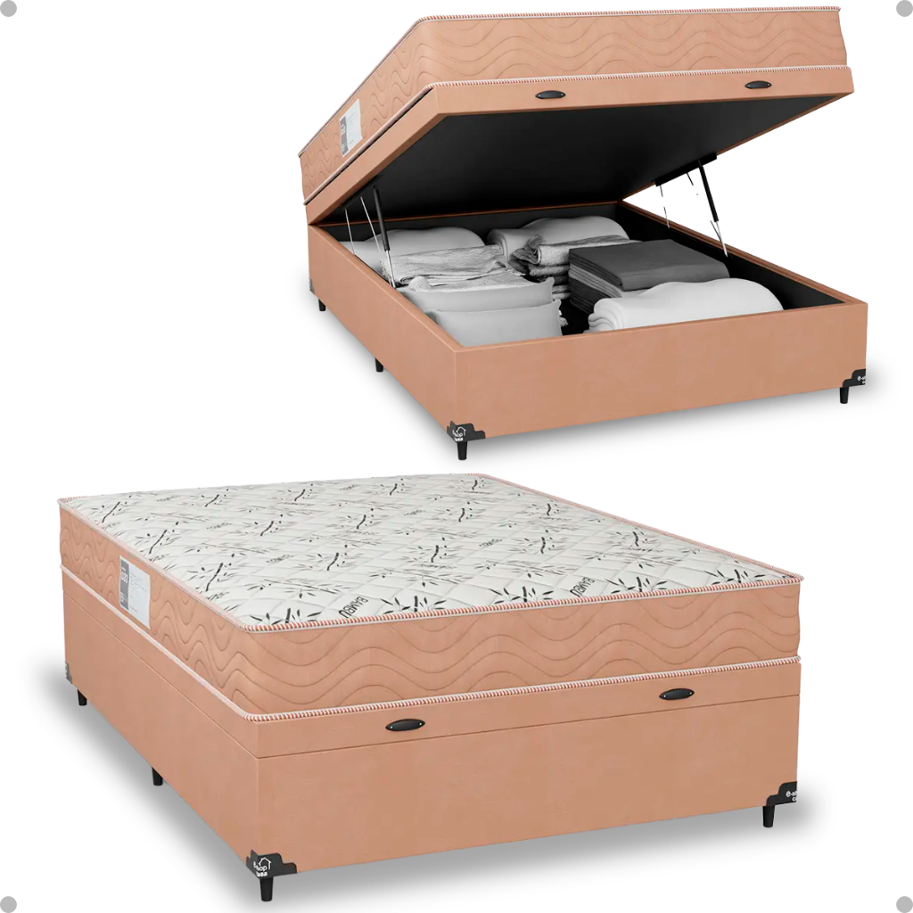 Cama Baú Viúva + Colchão D33 One Face - Suede Bege - e-Shop Casa
