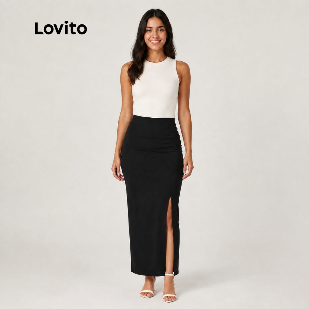 Lovito Saia Longa com Fenda Lateral Casual Preta Lisa Feminina BRSKB1094BRL1124
