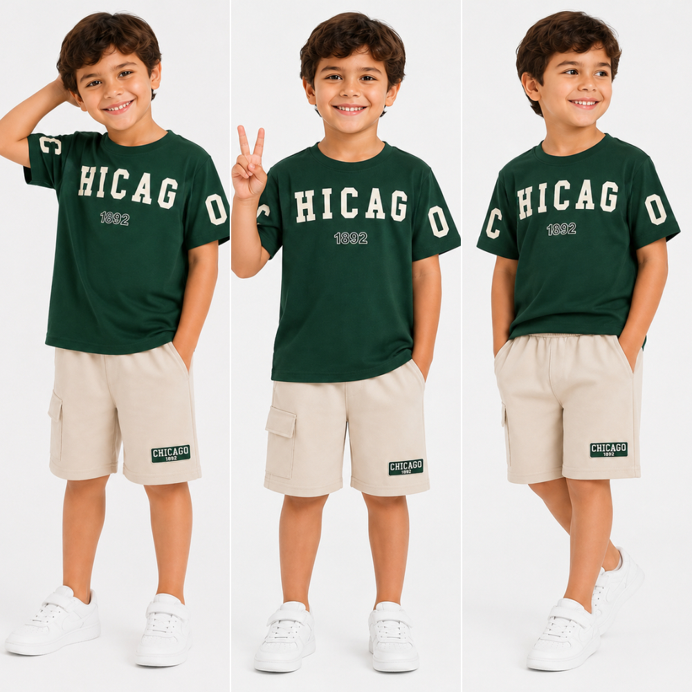 Conjunto kit de duas peças infantil masculino bermuda bolso cargo + blusa estampa moda menino 2026