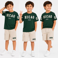 Conjunto kit de duas peças infantil masculino bermuda bolso cargo + blusa estampa moda menino 2026