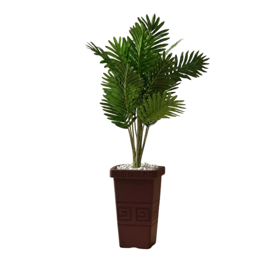 Planta Artificial Palmeira Grande 18 Folhas + Vaso Decorativo + Pedras Brancas