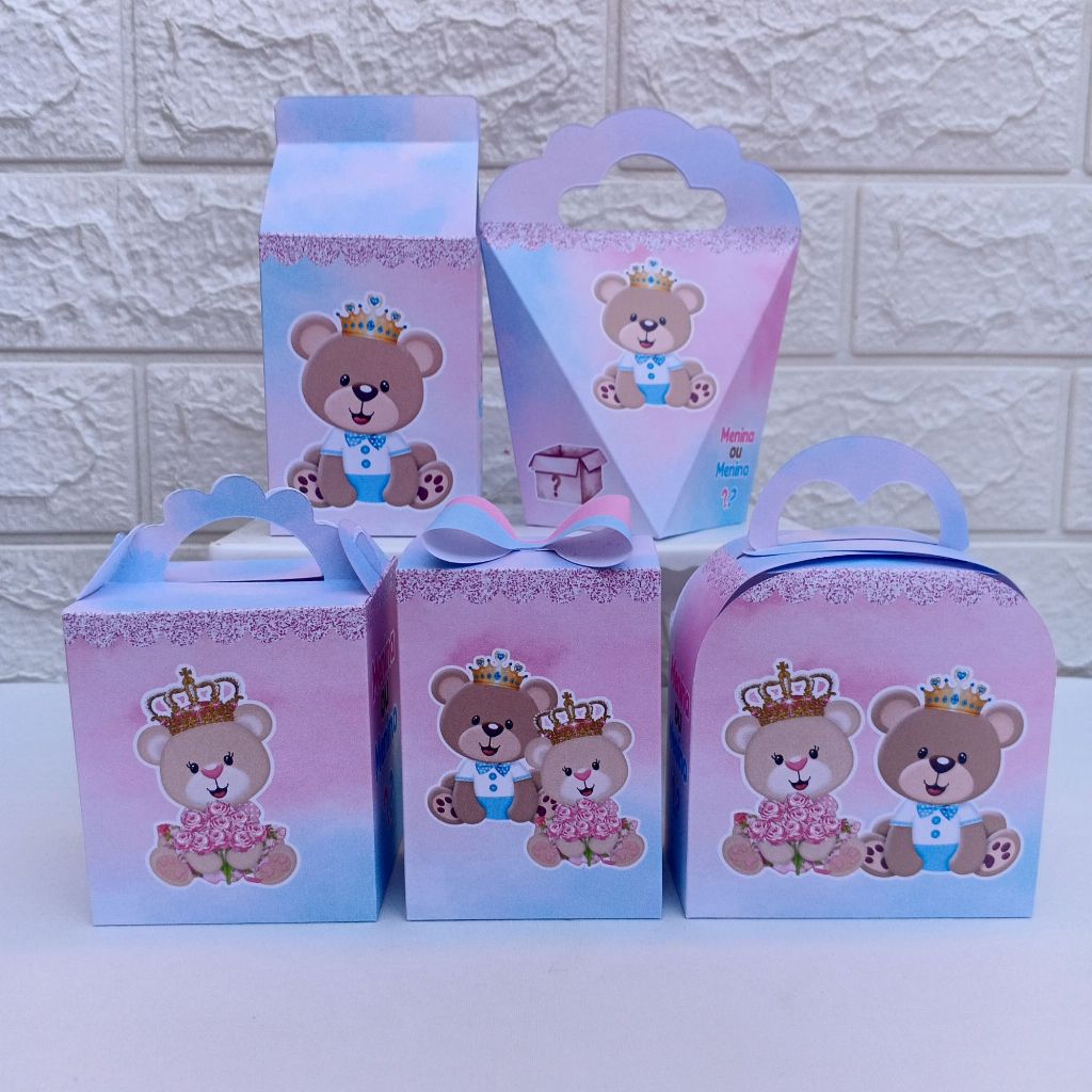 Kit Caixinhas URSINHOS REALEZA CHÁ REVELAÇÃO AZUL E ROSA Lembrancinha Mimos de Festa para Decoração - DESMONTADAS