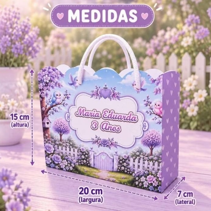 Kit Sacolinhas Personalizadas Festa Aniversário Jardim Encantado lilás