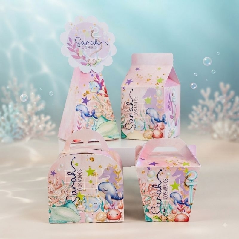 Kit Caixinhas Personalizadas Pegue e Monte Fundo do Mar Aquarelado Menina Decoração Lembrancinhas Aniversário Festa