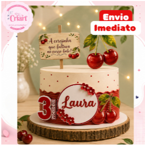 Topo/topper de bolo personalizado fruta, cereja, cerejinha, aniversario, menina, menininha, mesversario