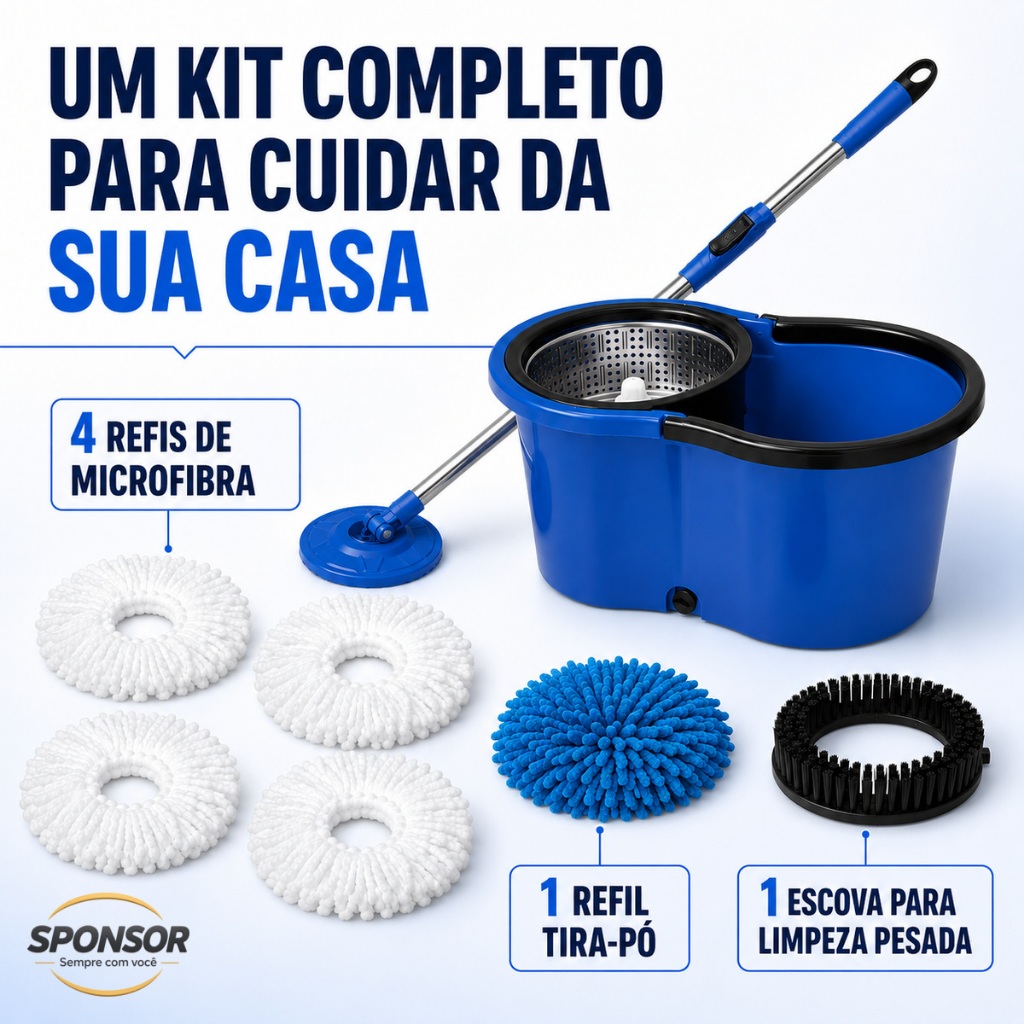 Mop Giratório 360 Inox Balde 12 litros Rodas embutidas limpeza pesada + 4 refis de microfibra + escova + pano de pó