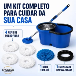 Mop Giratório 360 Inox Balde 12 litros Rodas embutidas limpeza pesada + 4 refis de microfibra + escova + pano de pó