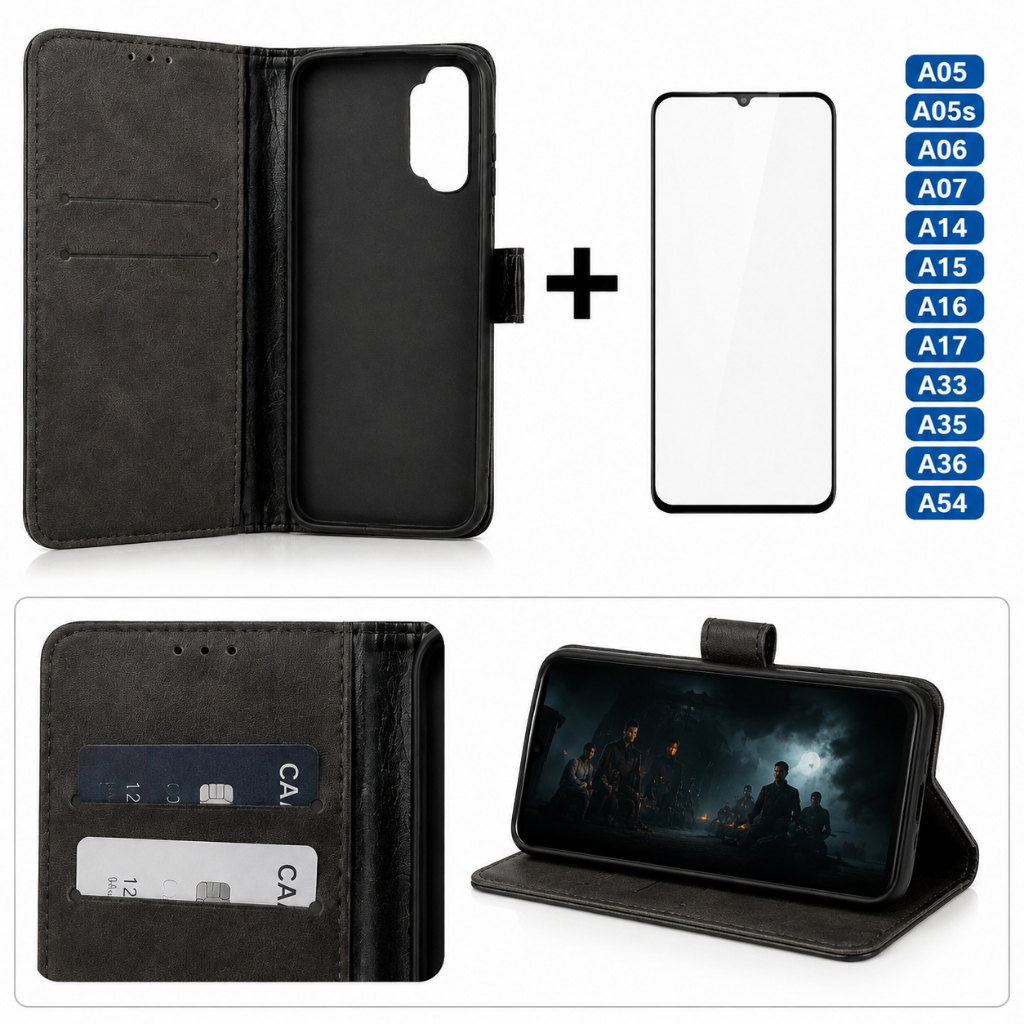 Capinha Carteira Samsung A05 A05s A06 A07 A14 A15 A16 A17 A33 A35 A36 A54 + Película 3D