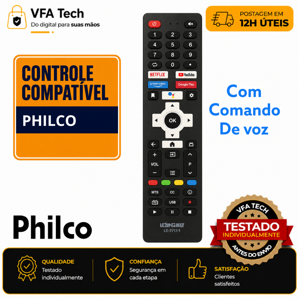 Controle Remoto Compatível Philco com Comando de Voz Smart TV | LE-7717-1 | Alta Qualidade | Testado | Envio 12h úteis
