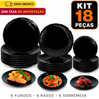 Jogo 18 Pratos Vidro Opaline preto black redondo - 6 Rasos 6 Pratos Fundo e 6 Pratos de Sobremesa