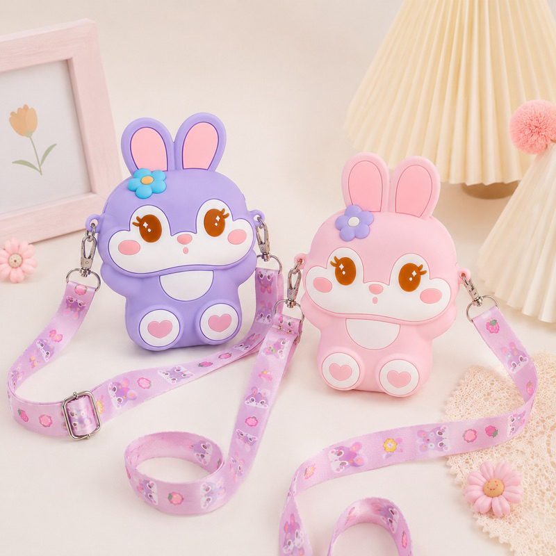 Bolsa Infantil Transversal de Silicone Com Alça Ajustável Coelho