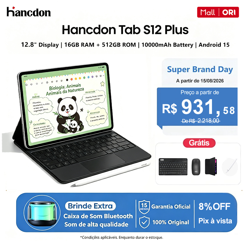 Hancdon Tablet S12 Plus 12.8"Tela FHD |16+512GB | Bateria 10000mAh | Snapdragon 888 WiFi/5G LTE