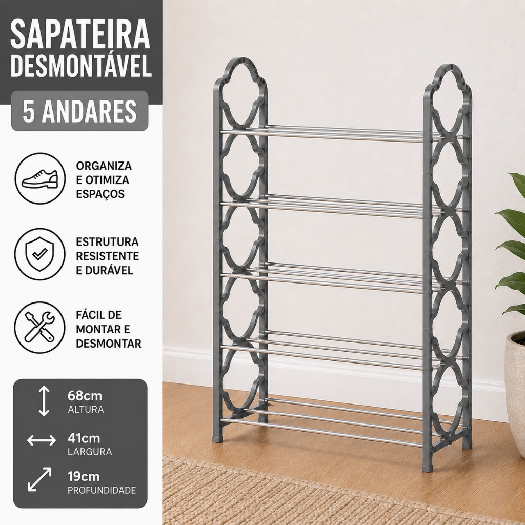 Sapateira 5 Andar Plástico Ferro Vertical Multiuso Chão Porta Organizador Prateleira Estante Calçado