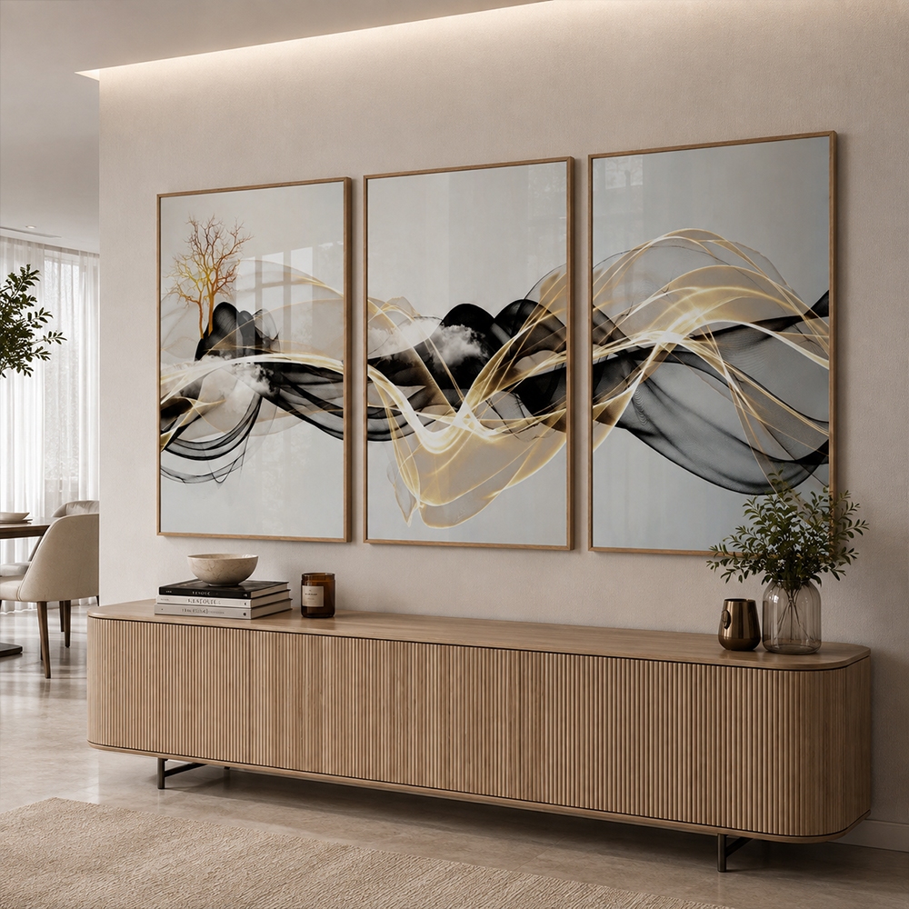 Quadro Decorativo Oscilação Abstrato Moderno Com Moldura 3 Telas Elegante Para Sala Quarto