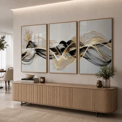 Quadro Decorativo Oscilação Abstrato Moderno Com Moldura 3 Telas Elegante Para Sala Quarto
