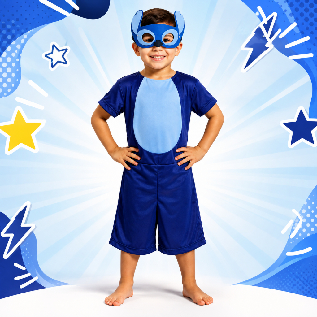 Macacão Fantasia Infantil Stitch Azul com Máscara – Fantasia para Menino Festa, Carnaval e Aniversário