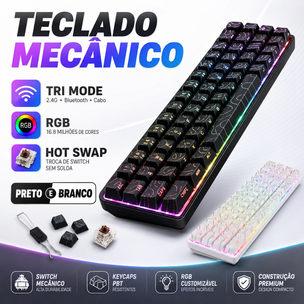 TECLADO MECÂNICO TRI MODE | SEM FIO 2.4GHZ | CABO | BLUETOOTH 68 TECLAS HOT SWAP