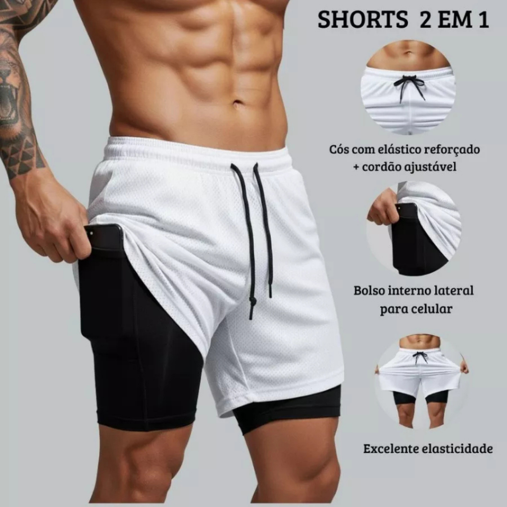 Short 2 em 1 Masculino com Proteção UV e Compressão Bermuda para Academia e Corrida