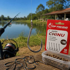 Anzol de Pesca Chinu Kit 10 Un Pesqueiro Pacu Piau Tamba Tilapia Pescaria Tambaqui Cevadeira Chicote