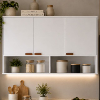 Armário Aéreo 3 Portas 90cm com 2 Nichos Organizador Cozinha Branco Off White