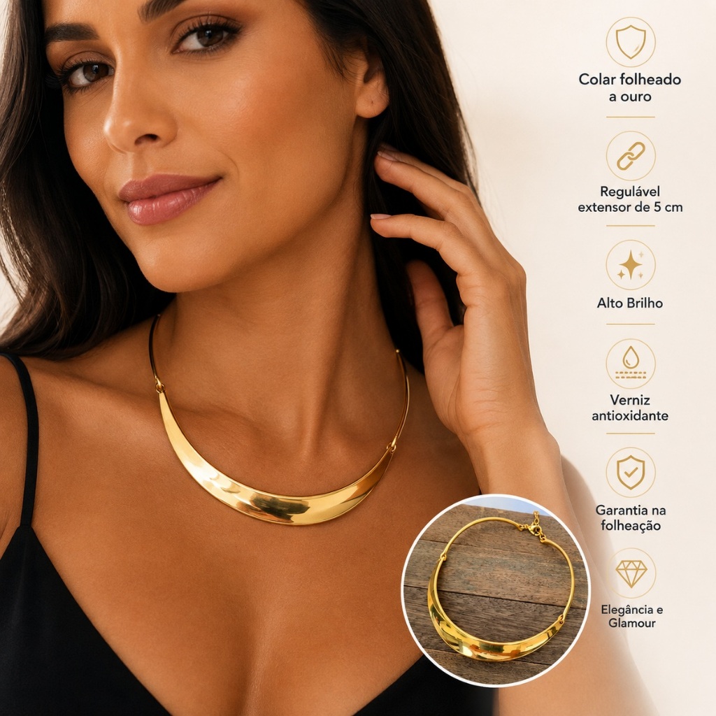 Aro Feminino Dourado Luxo Choker Colar Minimalista Elegante Moderno Folheado Ouro 18k Antialérgico