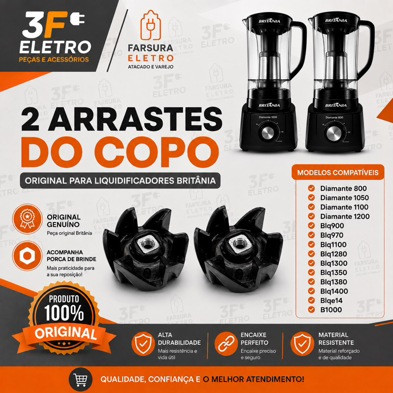 2 Arraste do Copo Para Liquidificador Britania BLQE01A BLQE14A BLQ1280 BLQ1350 e Diamante Original Genuíno