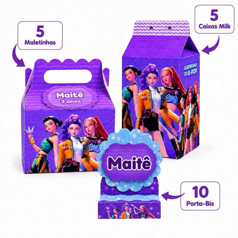 Qualquer Tema - Kit 20 Caixas Sacolinha Milk Guerreiras do Kpop | Lembrancinha Festa Infantil Aniversário