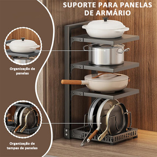 Suporte para Panelas Armário Cozinha Preto Ajustável Altura, Organizador Vertical de Utensílios
