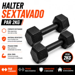Halter Sextavado 2kg Par Ferro Fundido pintado Profissional Preto